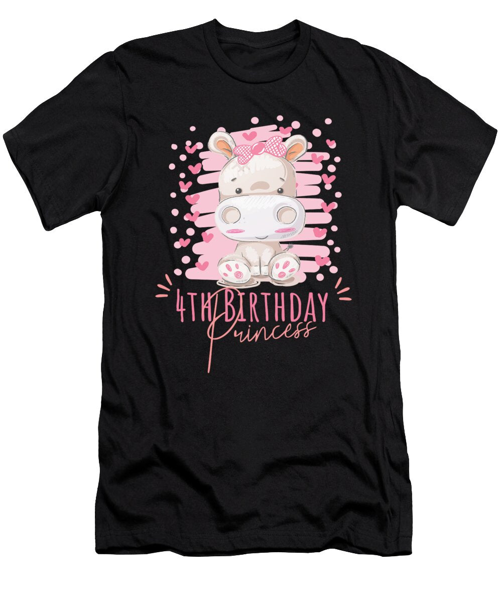 4th Birthday Princess Girl 4 Years Old Hippo Lover Bday Graphic Art Grabitees T-Shirt